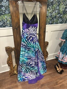 Y2K Cache 100% Silk Animal Print Maxi Slip Dress Size 10 Spaghetti Strap V-Neck